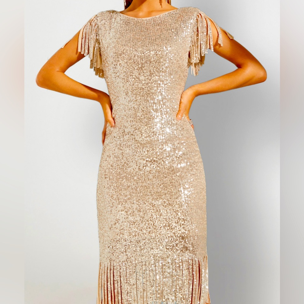 Xscape Gold Sequin Fringe Midi Dress